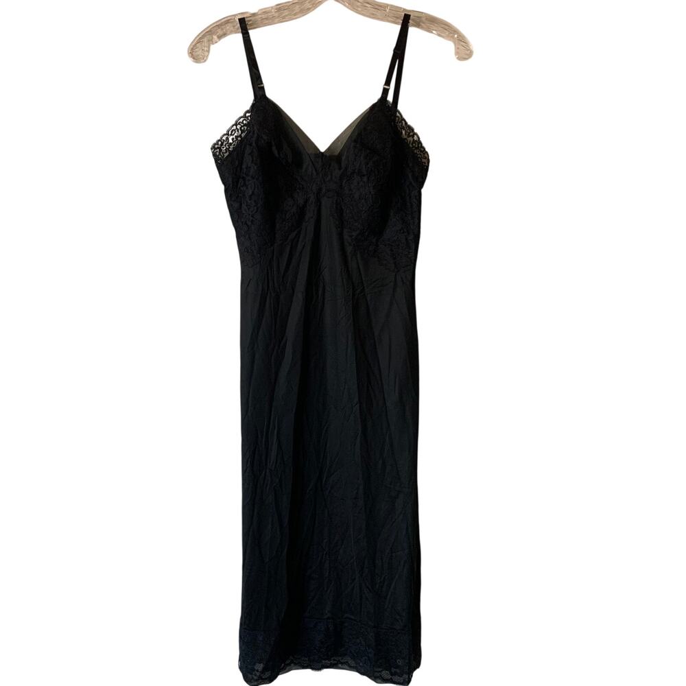 VTG Rogers Satin-Glo Womens Sz 32 Small Black Nylon Lace Full Slip Knee Pin Up